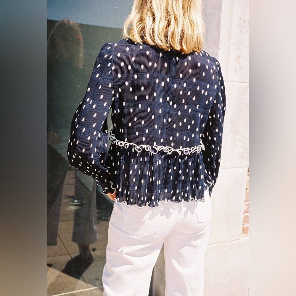 GANNI Navy Polka Dot Ruffle Blouse SIze 36 - Picture 2 of 8